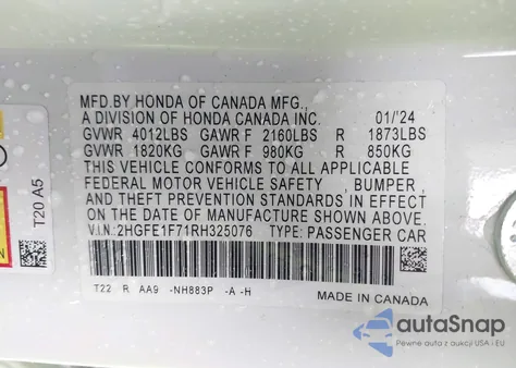 2024 Honda Civic Ex z USA, uszkodzony, nr VIN 2HGFE1F71RH325076